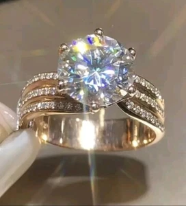 Women's Wedding Fancy Ring 14k Yellow Gold Plated 3Ct Round Moissanite Size 7 - Picture 1 of 3