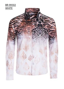 New Mens Small Size Dress Shirt Slim Fit White Tiger Leopard Floral Print - Picture 1 of 2