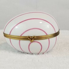 Limoges Large Egg Trinket 5 Box Hinged Pink Stripes Chamart France Pient Main