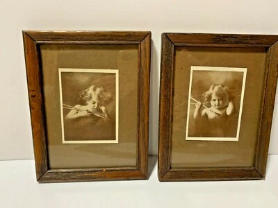 Antiguo Cupido despierto y dormido 1897 vintage M.B. Marco de madera Parkinson 5" x 6,5" Foto 1 de 4