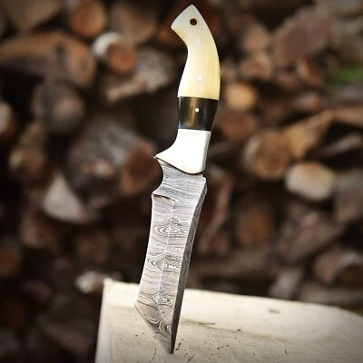 Custom Handmade Damascus Steel Hunting Knife Camel Bone Handle-Tanto Blade - Image 1 of 4