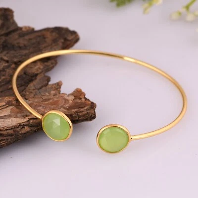 Pulseira aberta de pedra preciosa folheada a ouro bracelete ajustável com prehnite verde - Imagem 1 de 4