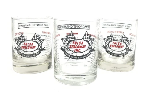 Vtg 80’s Set Of 3 Tulsa Speedway 1980 & 1985 Glass Cups Mancave Bar Collectibles Cover