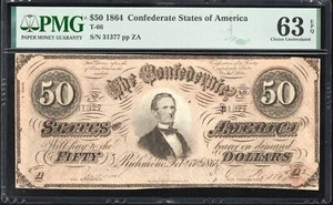 ⭐⭐ T-66 1864 $50 CONFEDERATE CURRENCY PMG 63 EPQ CIVIL WAR NOTE 31377 - Picture 1 of 2