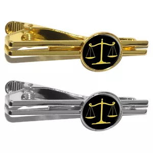 Balanced Scales of Justice Symbol Legal Lawyer Gold Black Round Tie Bar Clip - Picture 1 of 3