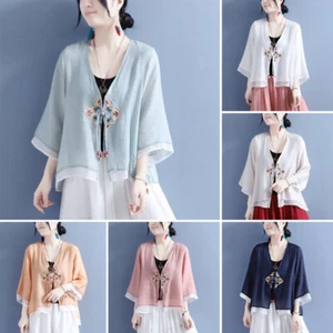 Women Floral Embroidery 3/4 Sleeve Shirt Chinese Retro Cardigan Kimono Blouse - Picture 1 of 18
