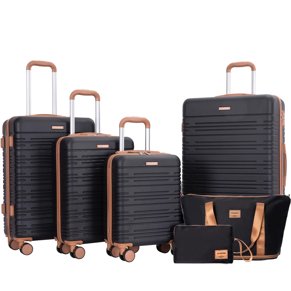 Amalodie 6-Piece Adult Hardside Checked Luggage Set with TSA Lock, Black