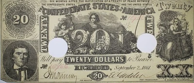 1861 $20 Confederate State Of America Currency Cancelled Holed P181 - Image 1 of 2