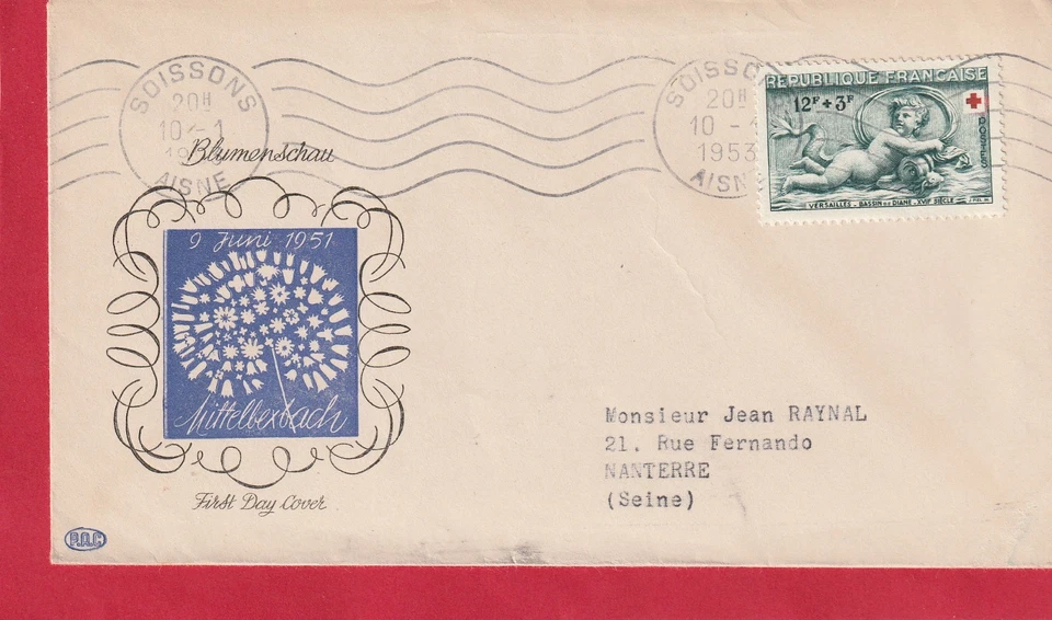 ENVELOPPE  1er JOUR FDC 1953 CROIX ROUGE  FLAMME - Photo 1/1
