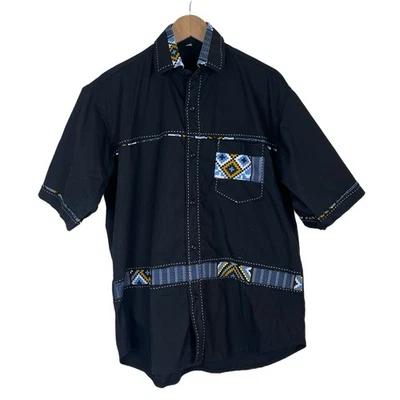 Mens Black L XL Aztec Print Button Up Shirt Western Contrast Stitching Southwest - Image 1 of 4