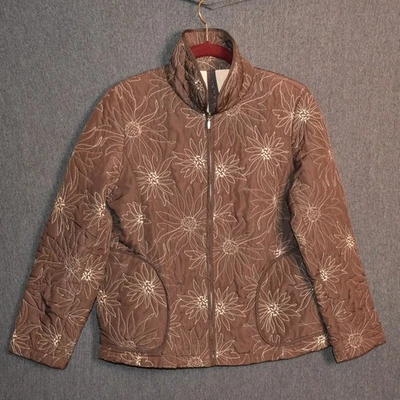 Chaqueta Japonesa Para Mujer Pequeña Floral Bordada Clara Marrón Cremallera Completa Boho Artística Foto 1 de 4