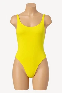 High Cut 90s Bodysuit Yellow Cotton Stretch Back Cutout Sz L TNA - Picture 1 of 9