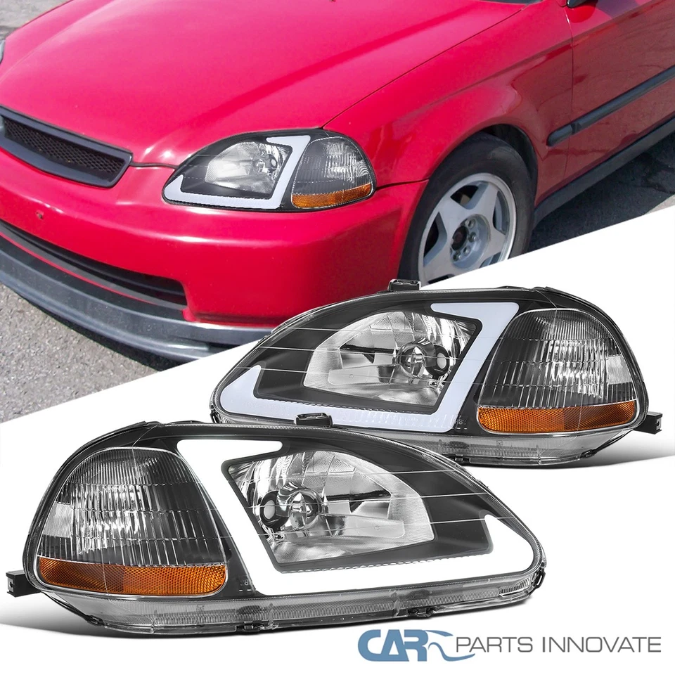 Fits 96-98 Honda Civic EJ EK EM Matte Black Headlights Lamps+LED Strip Tube Bar - Image 1 of 4