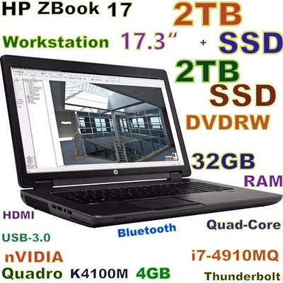 Workstation HP ZBook 17" i7-Quad  (2TB SSD + 2TB SSD) 32GB DVD NVIDIA K4100M 4GB - Image 1 of 4
