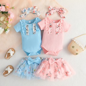 Toddler Girls Summer Clothing Set Romper Tulle Floral Skirt Bowknot Headband Set