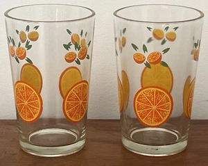Vintage 70s Glassware - Set of 2 Tumbler Glasses - Orange Citrus Pattern - EUC - Picture 1 of 4