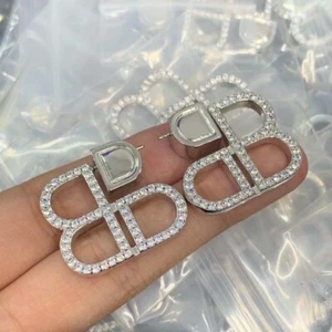 BB Hoop Designer Earrings High End 14k White Gold Plate Cubic Zircon 1 inch x 1 - Picture 1 of 1