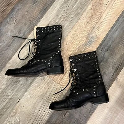 Botas de Combate JUICY COUTURE 6 Chara Tachonadas Media Pantorrilla Con Cordones Cuero Negro Foto 1 de 4