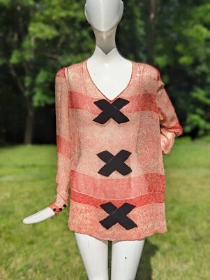LATE 1920’S UNUSUAL PRINT SILK CHIFFON BLOUSE W VELVET X APPLIQUE FRONT - Image 1 of 4