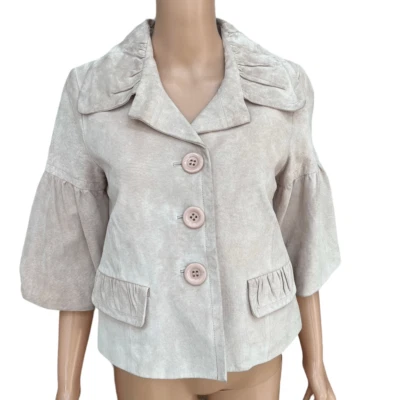 Chaqueta de cóctel Karen Kane recortada rosa gamuza mangas campana talla M Foto 1 de 4