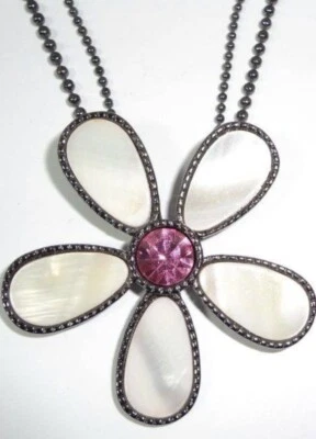 Lia Sophia "Urban Dreams" Mother of Pearl Flower Pink Crystal Hematite Necklace - Image 1 of 2
