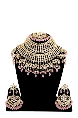 Conjunto de joyería rosa nupcial collar Kundan chapado en oro indio Bollywood para mujer Foto 1 de 3