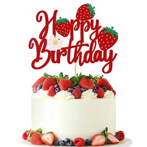 1 Pack Happy Birthday Cake Topper Glitter Strawberry Cake Pick for Fruit Them... - Picture 1 of 7