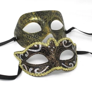 HIS N HERS PAIR COUPLES GOLD  AND BLACK VENETIAN MASQUERADE PARTY EYE MASKS - Picture 1 of 7