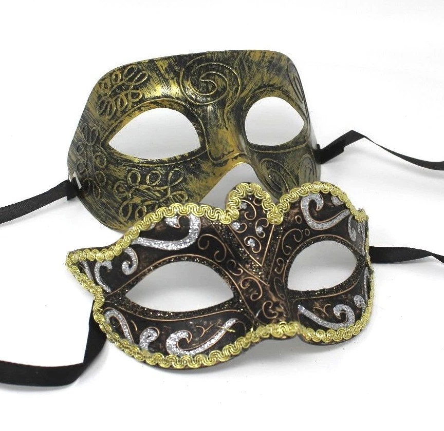 THE GOOD LIFE HIS N HERS PAIR COUPLES GOLD AND BLACK VENETIAN MASQUERADE PARTY EYE MASKS