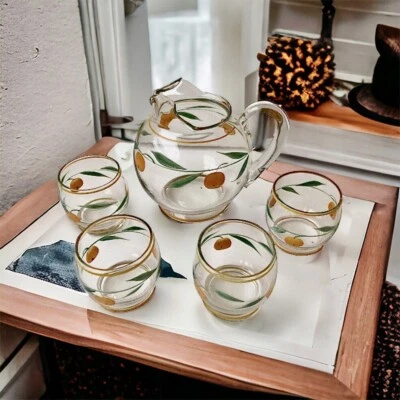 Jarro de vidro vintage com 4 copos pequenos curtos combinando suco de laranja - Imagem 1 de 4