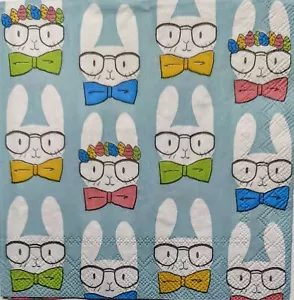TWO Individual Paper Cocktail Decoupage Napkins - 1887 Bunnies w Glasses & Ties - Picture 1 of 2