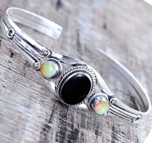 Black Onyx Opal Multi Gemstone Bracelet 925 Sterling Silver Handmade Cuff Bangle - Picture 1 of 6