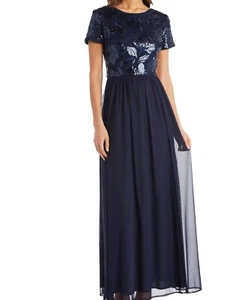 R&M Richards Dress Gown Godet Floral Applique Navy Blue NWT- Size 6- Read - Picture 1 of 12