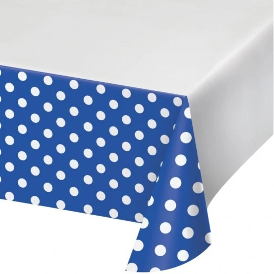 Cobalt Blue Dots and Stripes Plastic Banquet Tablecloth 52" x 102" Tableware  - Image 1 of 1