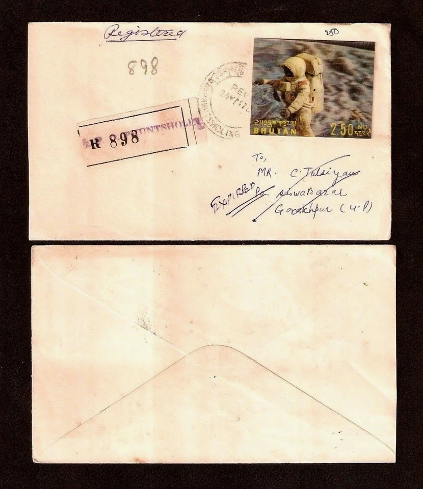 SELLO BUTÁN 2,50 NU 1973 HOMBRE EN LUNA PLÁSTICO 3D (EE. UU.) POSTAL CUBIERTA USADA único Foto 1 de 2