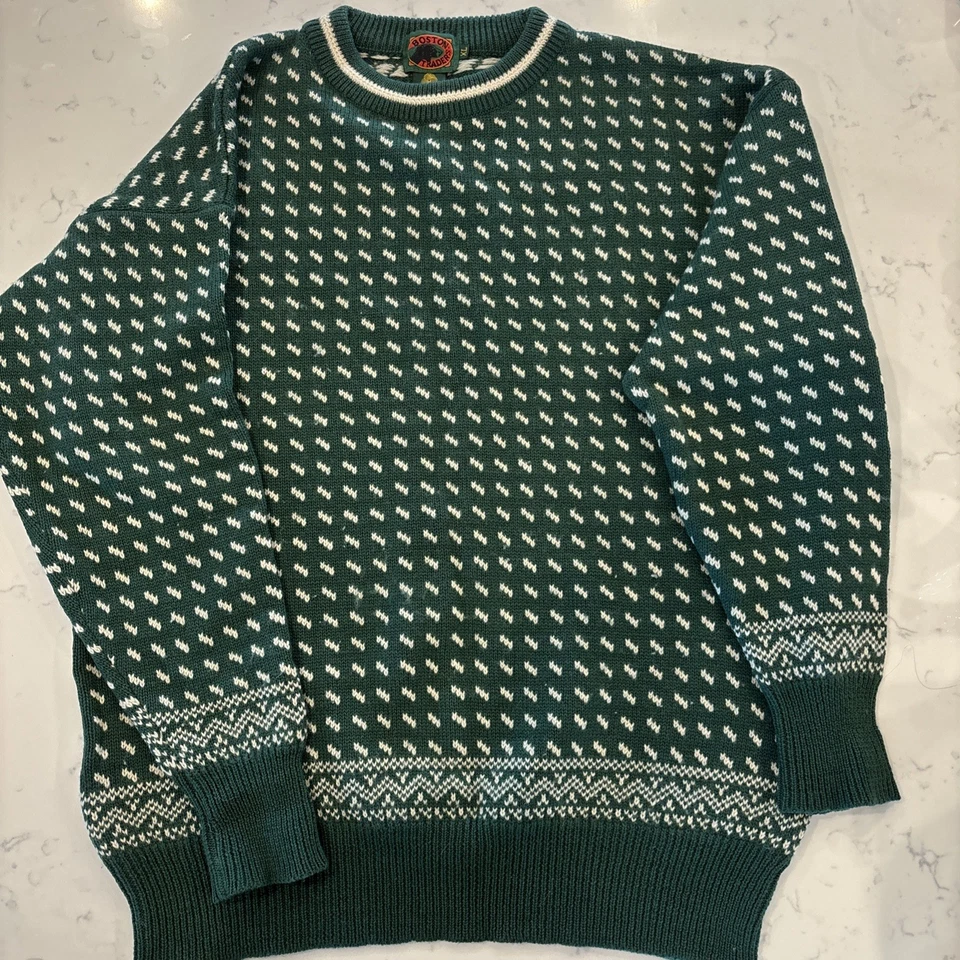 Suéter Vintage Boston Traders Para Hombre XL 100% Lana Crew Abuelo Verde Marfil Foto 1 de 4