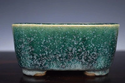 Japanese Bonsai Pot INO SHUKUHO 4.5"(11.5cm) Green Glazed Rectangle L423 - Image 1 of 4