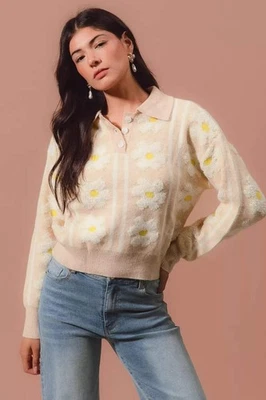 Suéter SO ME Floral Rayas Cuello Polo Avena Foto 1 de 4