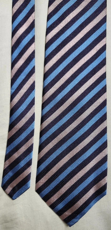 Austin Reed 粉色和蓝色条纹设计领带丝绸领带英国制造 — 第 1/4 张图片