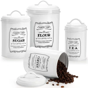 Set of 4 Kitchen Canisters with Airtight Lids, Coffee Tea Sugar Flour Tin Jar... - Picture 1 of 6