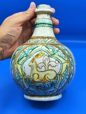 Antica Bottiglia Fiasco Maiolica Ceramica Policroma Sud Italia Primi 1900 XX Sec - Immagine 1 di 4