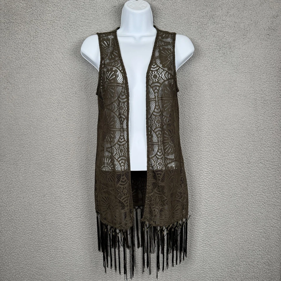 Chaleco Maurices Mujer S Verde Oliva Crochet Flecos Frente Abierto Hippie Festival Y2K Foto 1 de 4