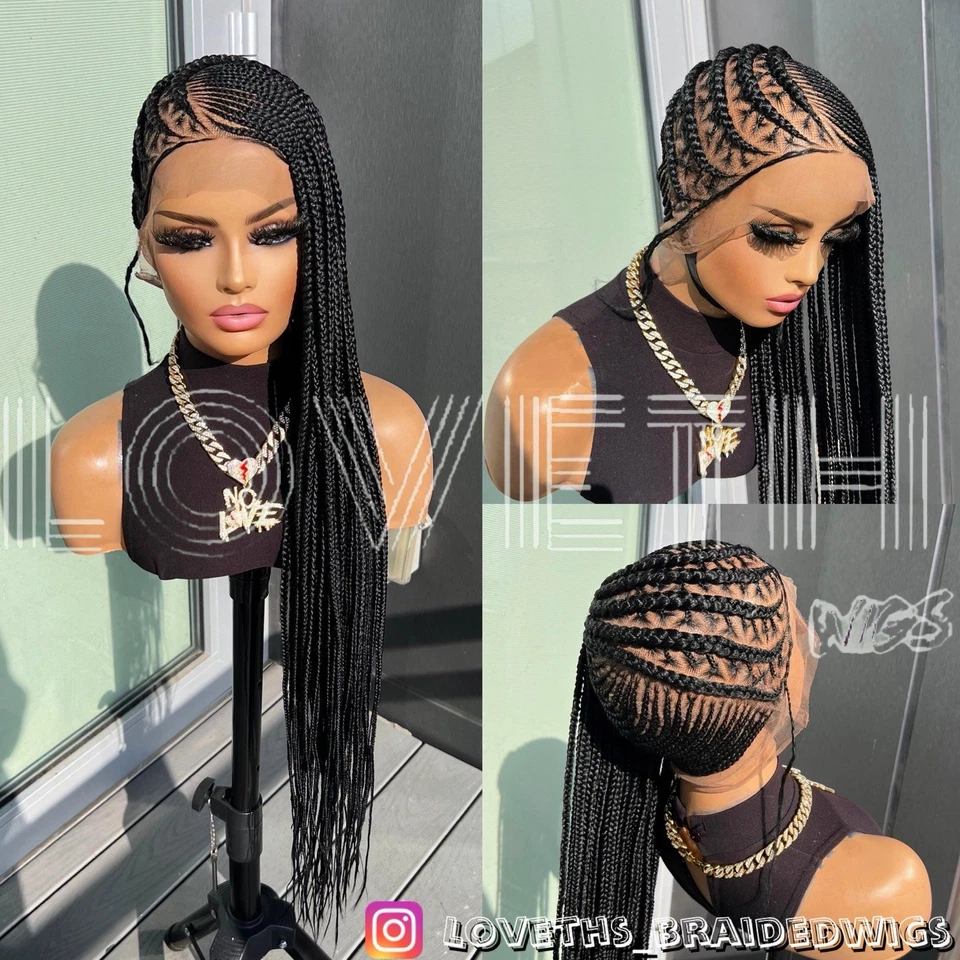 Se envía al día siguiente (ENVÍO 2 DÍAS) Peluca trenzada de encaje completo Cornrow, trenza negra sin nudos Foto 1 de 4