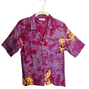 Vtg Uluwatitos Bali Island Shirt Kids 12 Purple Yellow Tie Dye Hawaiin Dolphin - Picture 1 of 13