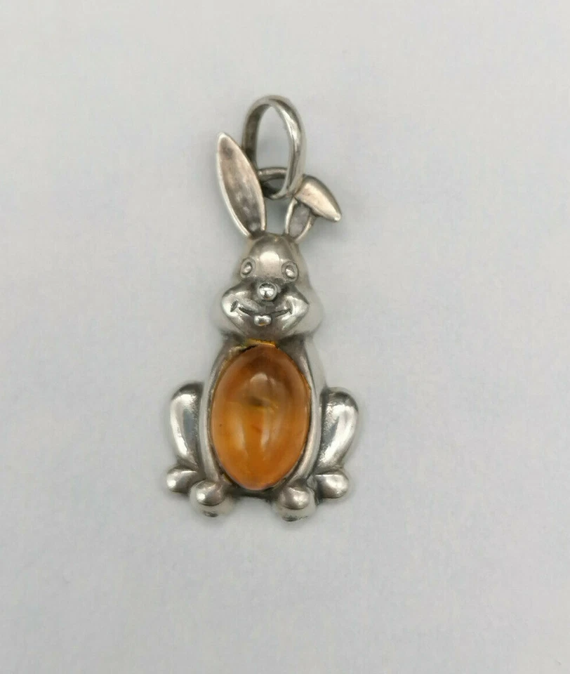 ciondolo coniglietto ambra naturale argento 925 Bugs bunny pendaglio argento - Immagine 1 di 4