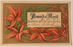 Vtg REWARD OF MERIT School Card Certificate VICTORIAN Antique Fall Leaves - Picture 1 of 2