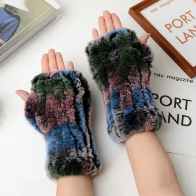 Real Rabbit Fur Knitted Fingerless Elastic Gloves Sleeves Wrist Winter Mittens - Image 1 of 4