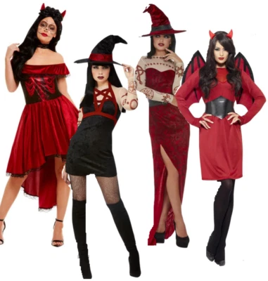 Ladies Devil Costume Halloween Satanic Witch Devils Outfit Fancy Dress Adults - Image 1 of 2