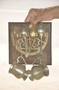 Vintage Brass & Wooden Handcrafted Spoon & Cup Hanging Stand/Panel - Picture 1 of 11