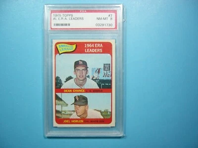1965 TOPPS MLB BASEBALL CARD #7 AL E.R.A. LEADERS DEAN CHANCE PSA 8 NM/MINT GL - Изображение 1 из 2